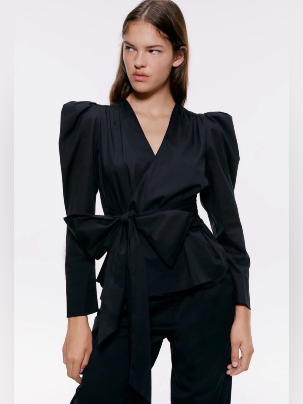 Zara Black Structured Bow Peplum Top Puff Sleeve Deep V Blouse Dressy | Size S